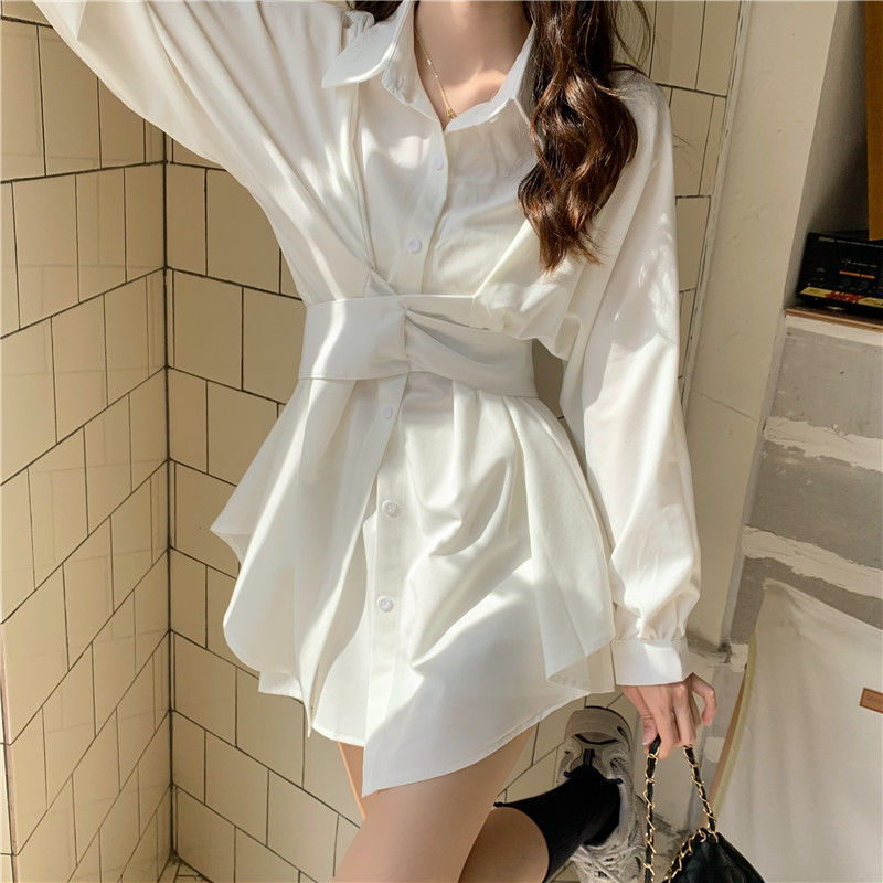 Buttoned Long Blouse/Dress with Belt Detail
