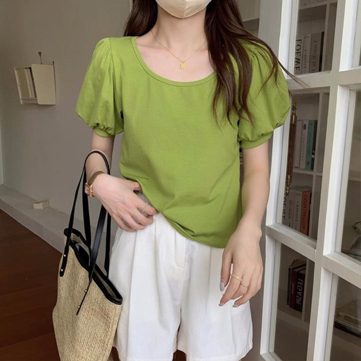 Round-Neck T-Shirt With Puff Sleeves