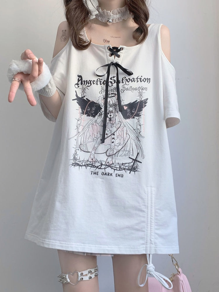 Anime Print "ANGELS OF SALVATION" T-Shirt With Shoulder Cut-Outs and Ribbon Detail