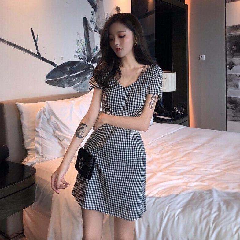 Gingham Dress With Short Sleeves - Asian Fashion Lianox