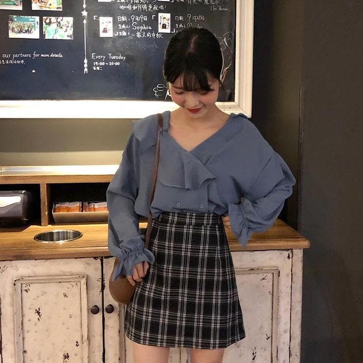 A-Line High Waist Skirt with Plaid Pattern - Asian Fashion Lianox