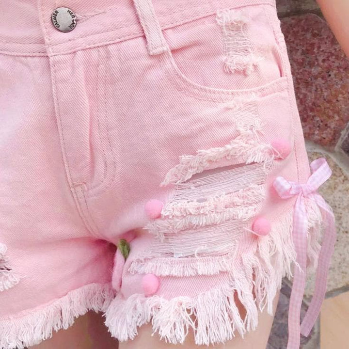 High-Waisted Denim Shorts With Distressed Look - Asian Fashion Lianox