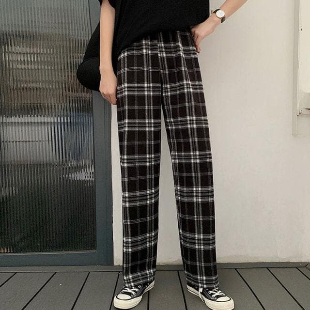Wide-Leg Plaid Pants - Asian Fashion Lianox