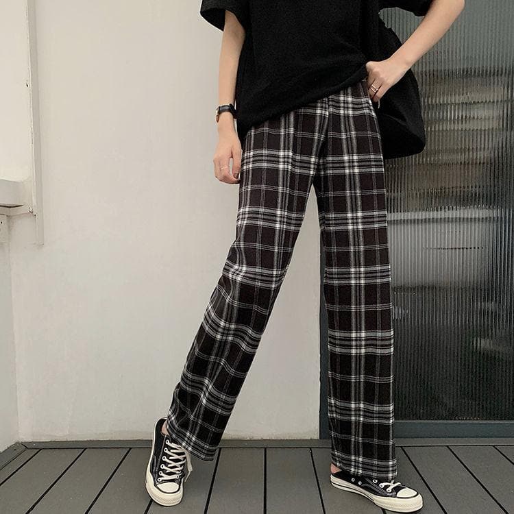 Black Plaid Aesthetic Pants Flared - Aesthetic Clothes Shop