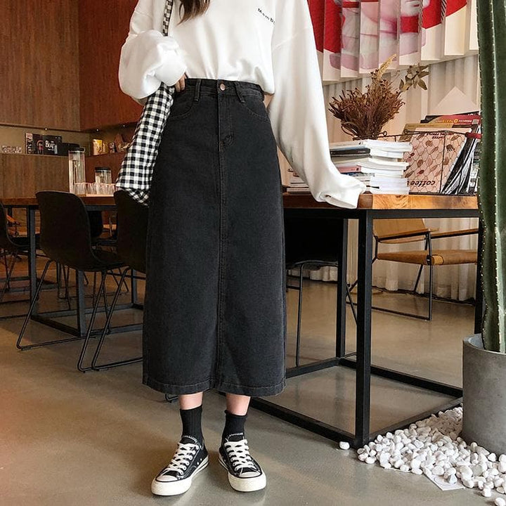 Midi Denim Skirt With Hem Split - Asian Fashion Lianox
