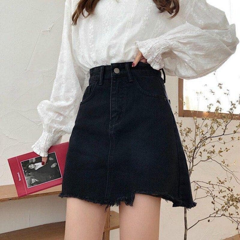 High-Waist Denim Skirt With Ripped Hem - Asian Fashion Lianox