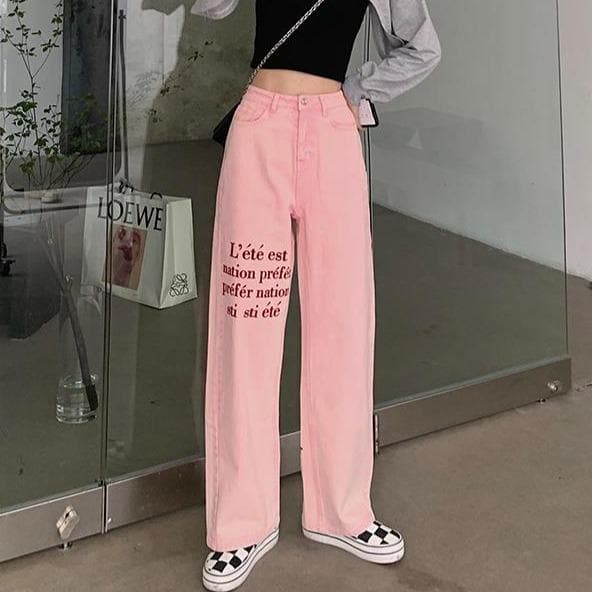 High-Waist Jeans With French Lettering - Asian Fashion Lianox