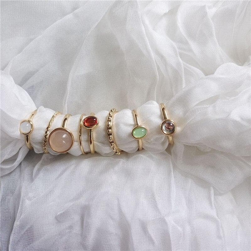 Vintage Ring Set With Colorful Stones (8 Rings) - Asian Fashion Lianox