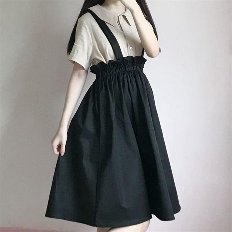 High-Waist Paperbag Skirt With Suspenders - Asian Fashion Lianox