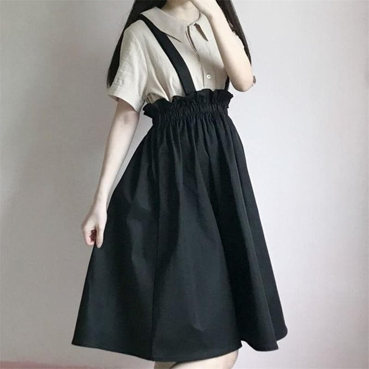 High-Waist Paperbag Skirt With Suspenders - Asian Fashion Lianox