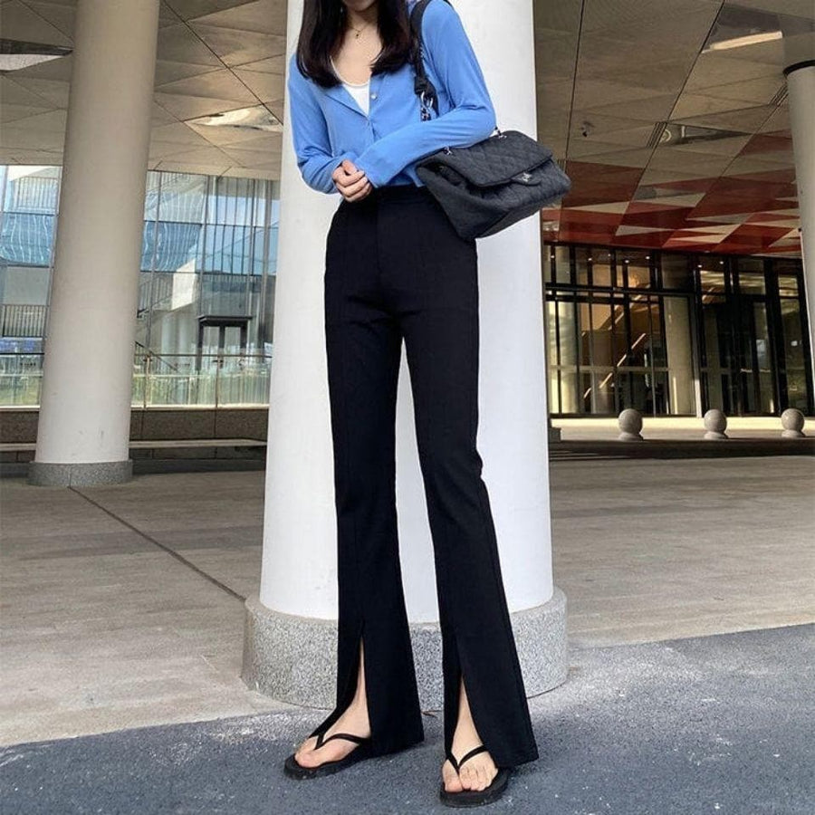 Flared High-Waist Pants With Slit Details - Asian Fashion Lianox