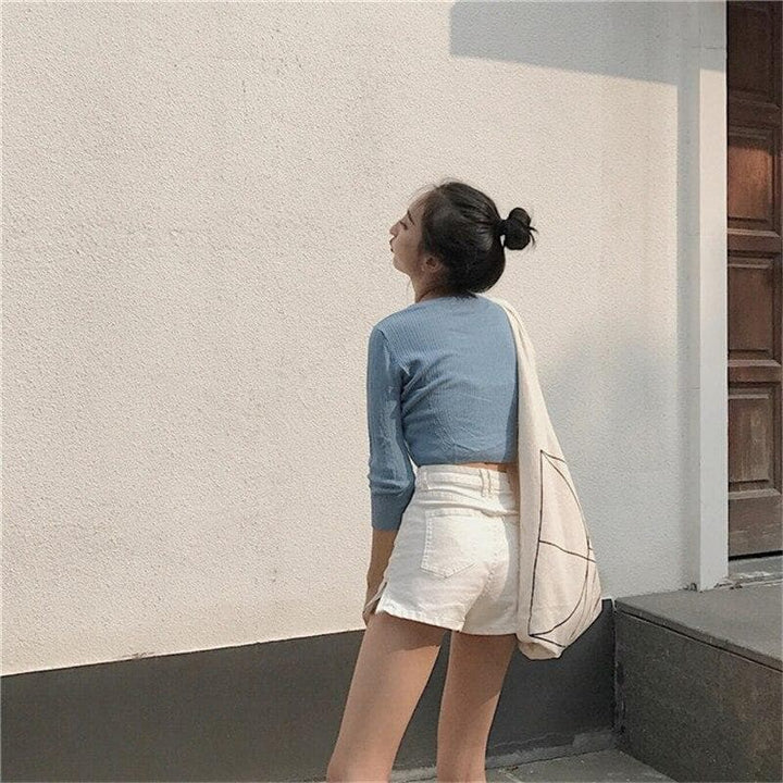 High-Waist Denim Shorts With Zipper Split - Asian Fashion Lianox