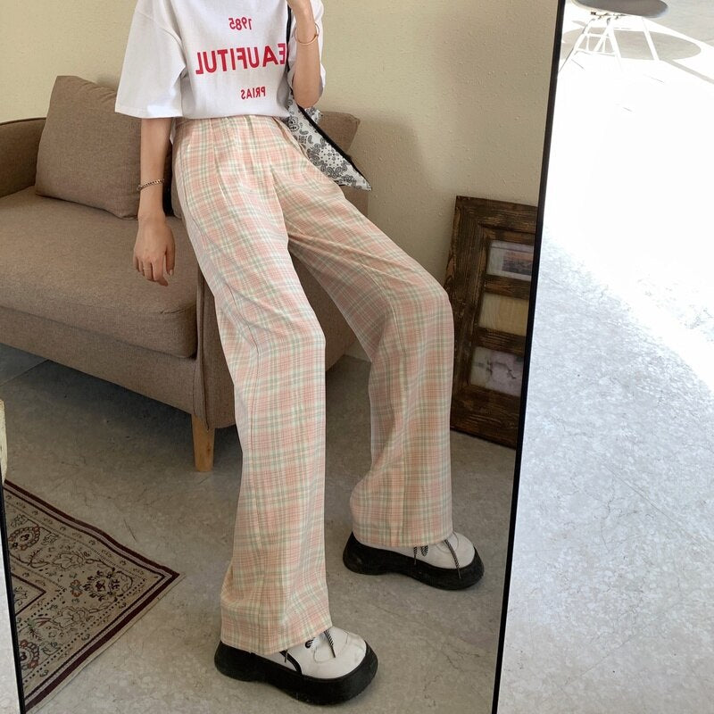 High-Waisted Pants With Plaid Pattern And Loose Fit