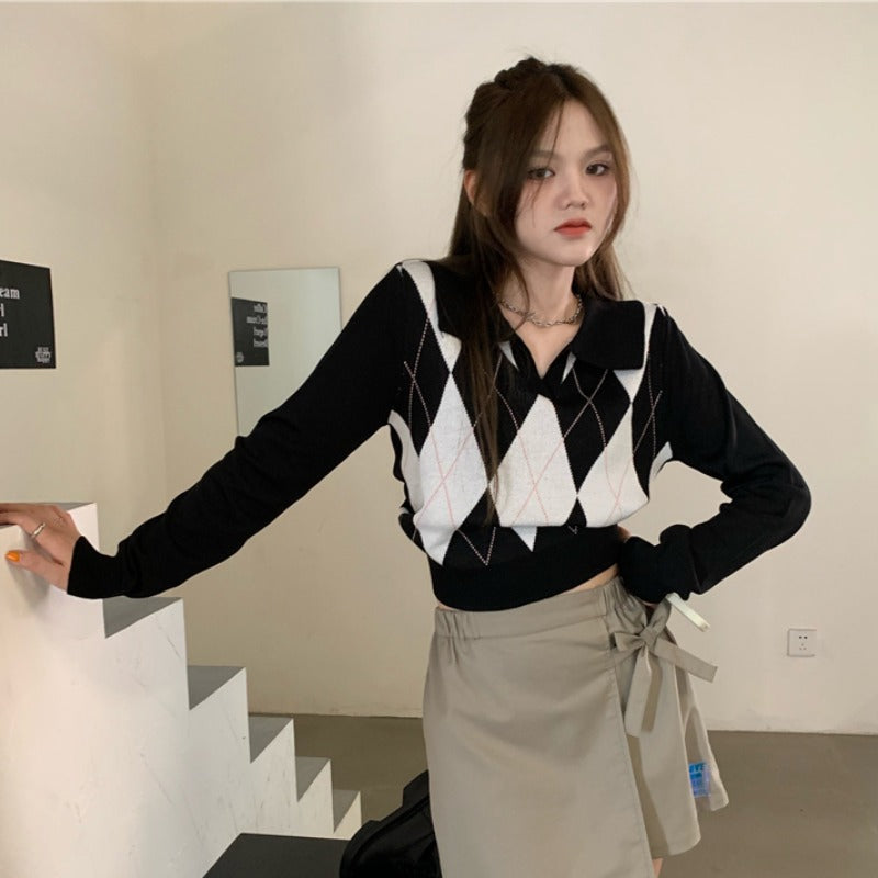 Sweater With Argyle Pattern And Turn-Down Collar
