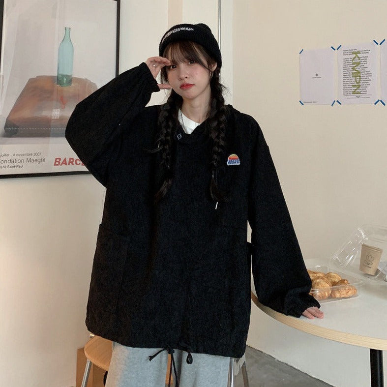 Corduroy Hoodie With Embroidery And Pockets
