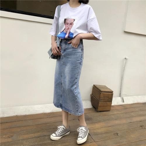 Denim Skirt with Hem Split - Asian Fashion Lianox