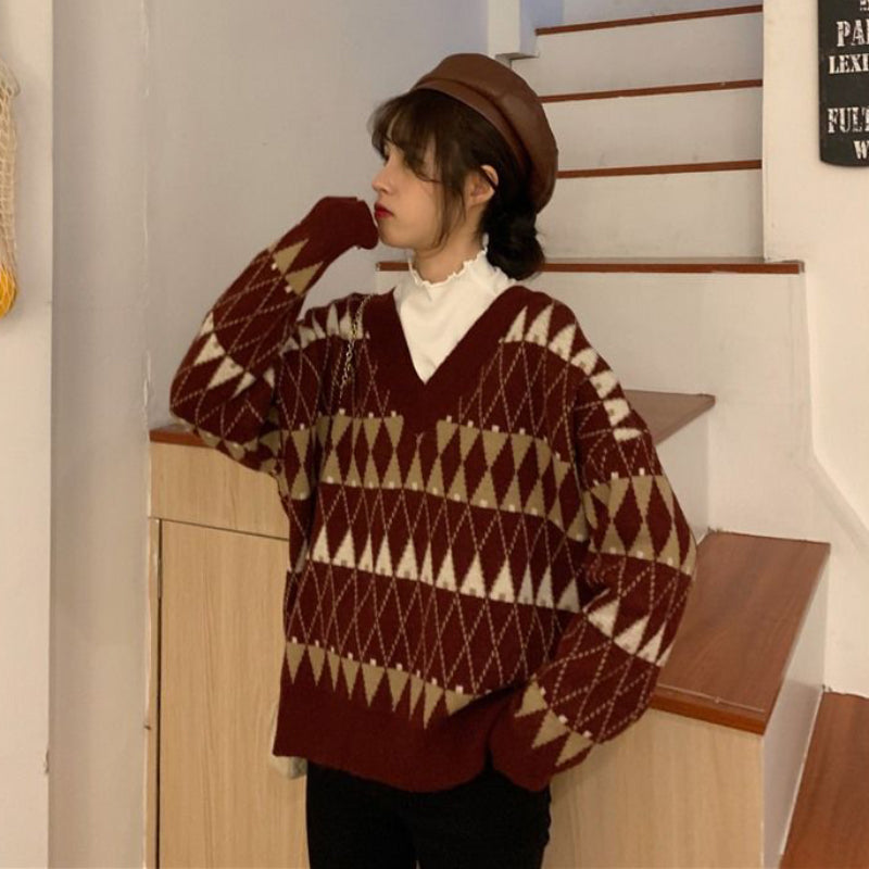 V-Neck Knit Sweater With Argyle Pattern