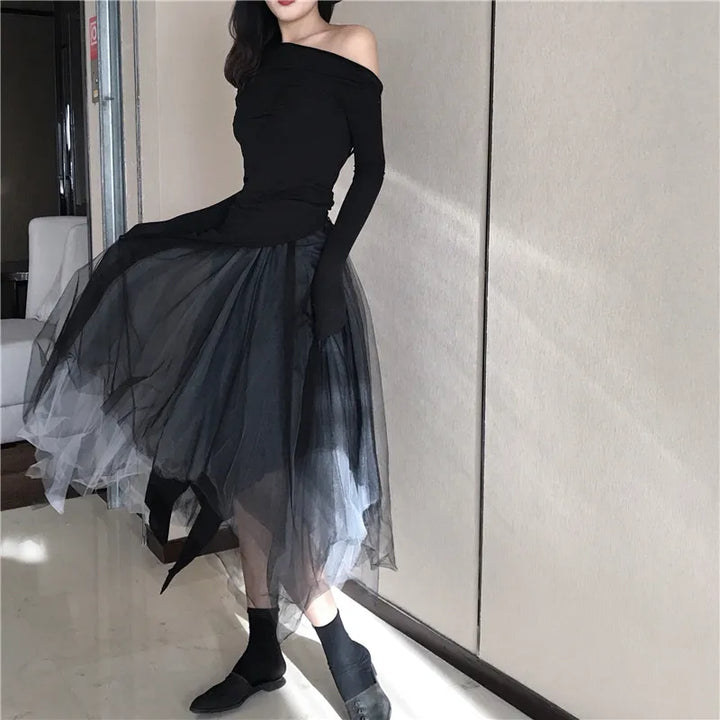 Black Asymmetrical Mesh Skirt