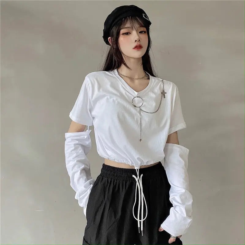 Adjustable Crop Top With Chain-Applications And Removable Sleeves