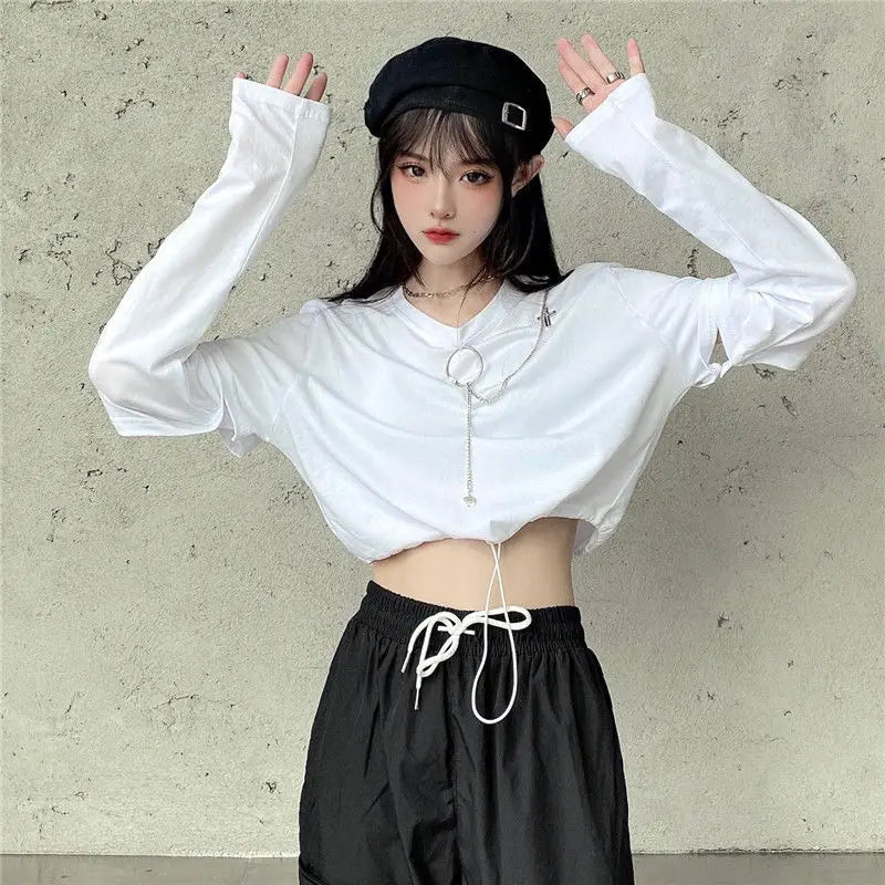 Adjustable Crop Top With Chain-Applications And Removable Sleeves