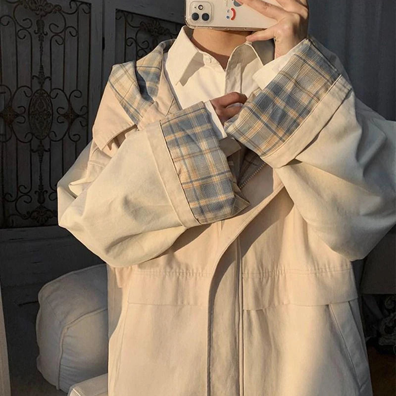 Loose-Fitting Vintage-Style Coat with Plaid Inside