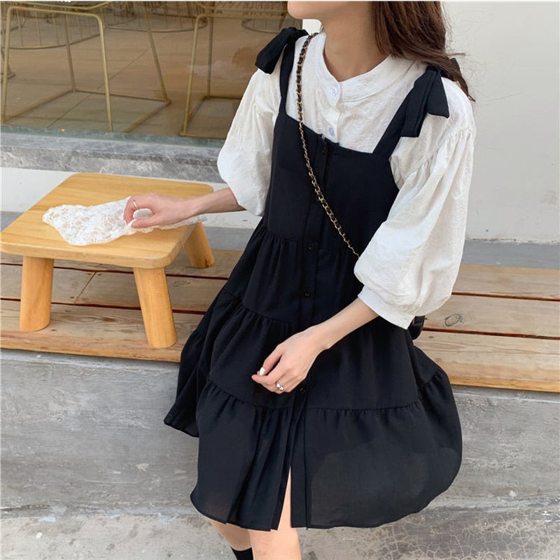 Two-Piece-Set: Lantern Sleeve Blouse + Loose-Fitting Dress With Buttons