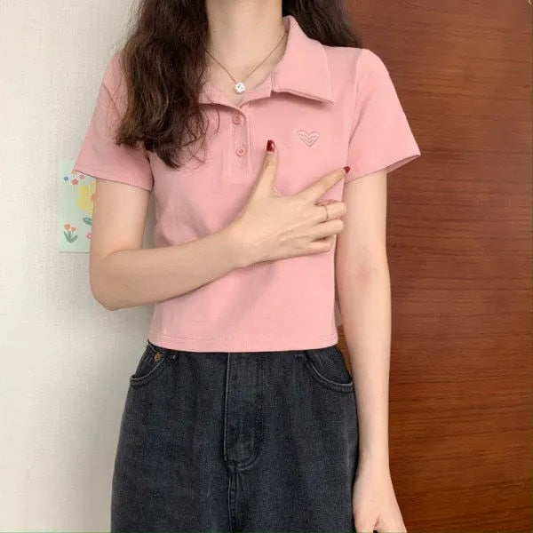 Cropped Polo-Shirt With Heart-Shaped Chest Patch
