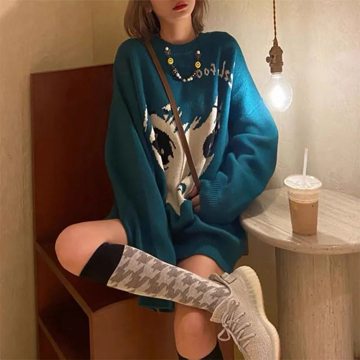 Oversized Long Sleeved Sweater With Cute Face Print