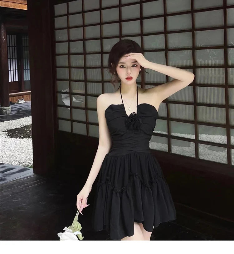 Gothic-Style Backless Short Dress With Bust Application