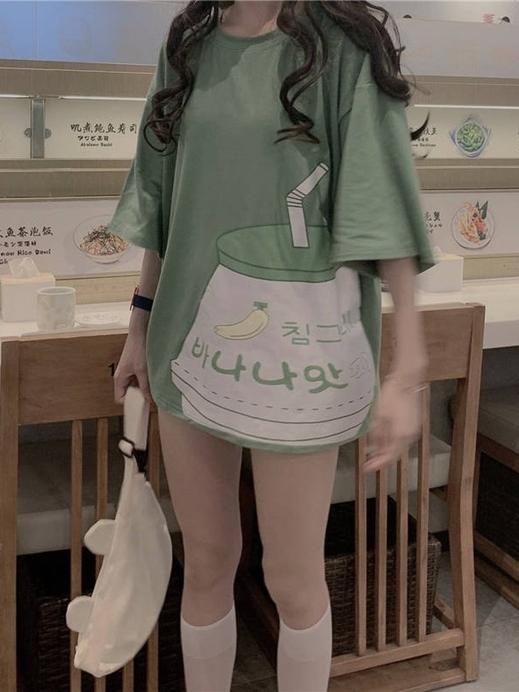 Strawberry - Banana Milk T-Shirt with Korean Lettering