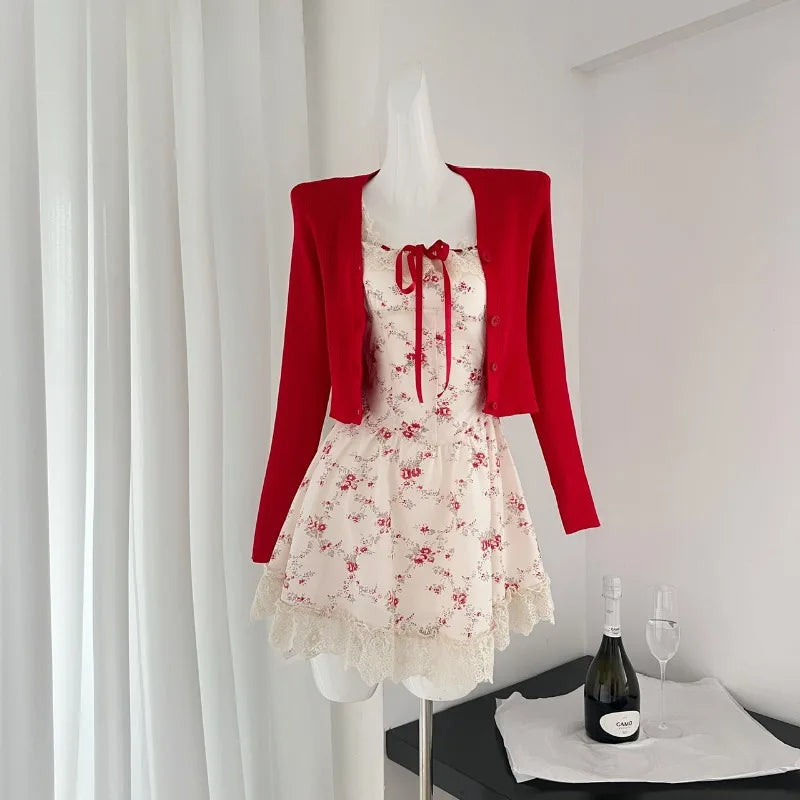 Sweet Floral Dress Set With Cropped Red Cardigan