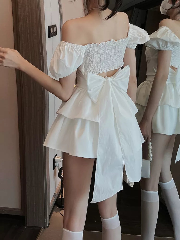 Mini Off-Shoulder Dress With Ruffled Back And Big Bow