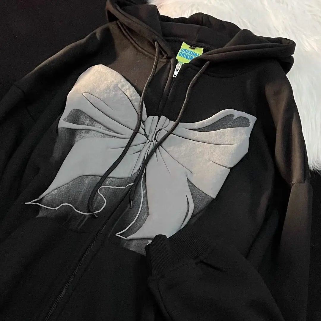 Zipped-Up Hoodie With Bow Print In Front & Back