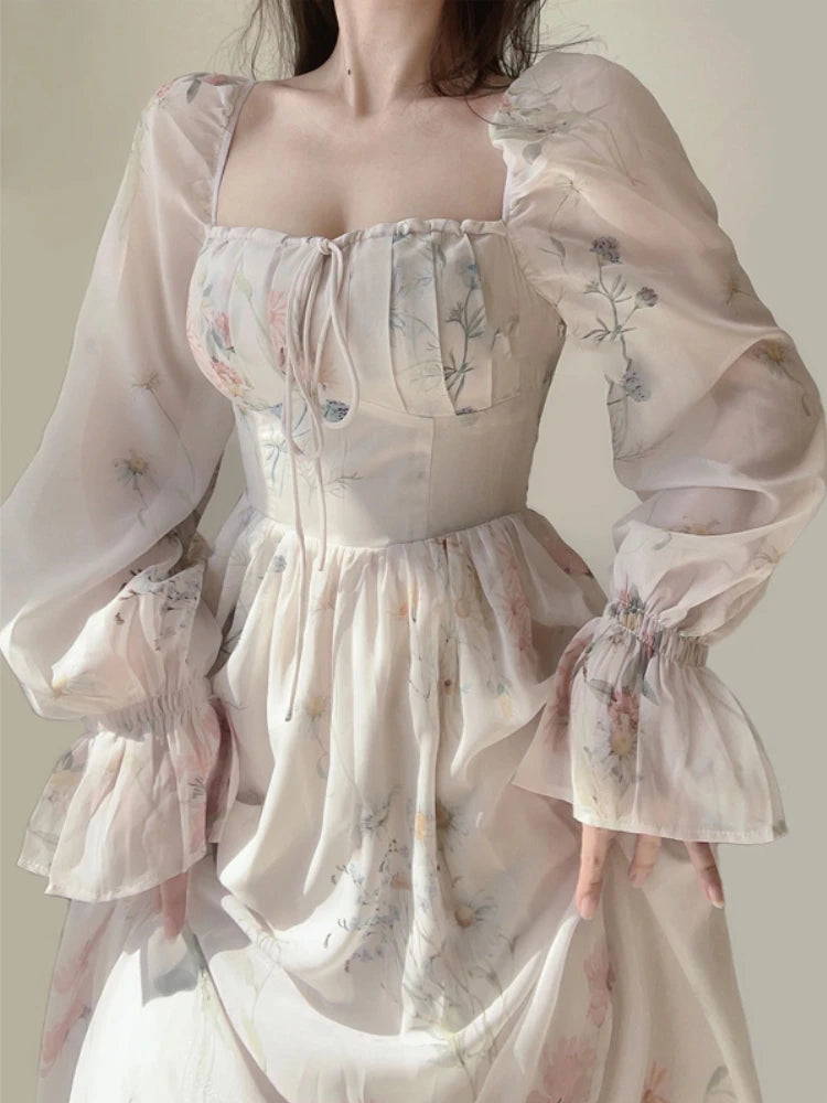 Boho Maxi-Dress With Tender Flowers And Carmen Décolleté