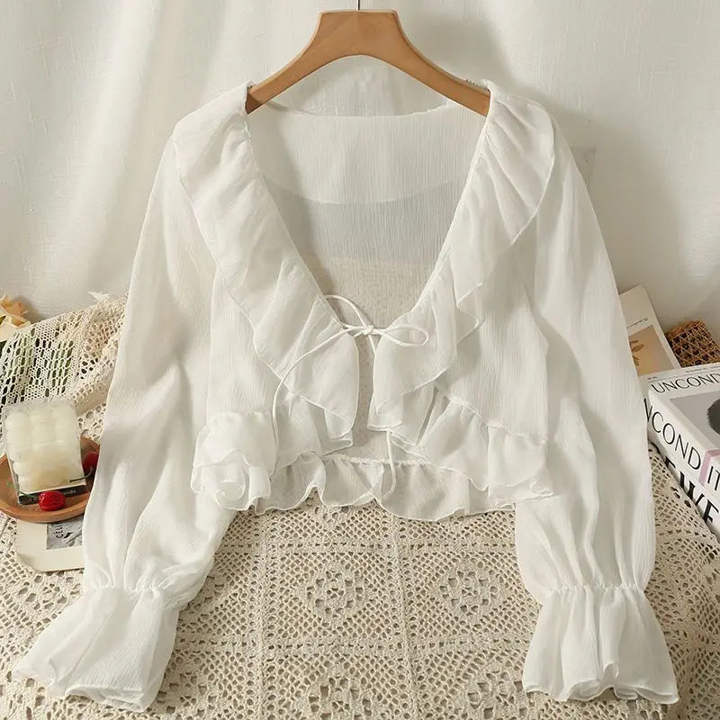 Sheer Ruffle Blouse With Flare Sleeves