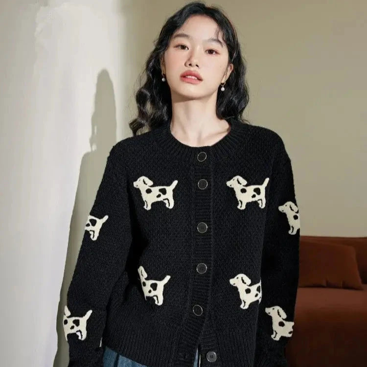 Cardigan With Puppy Pattern And Round Neck