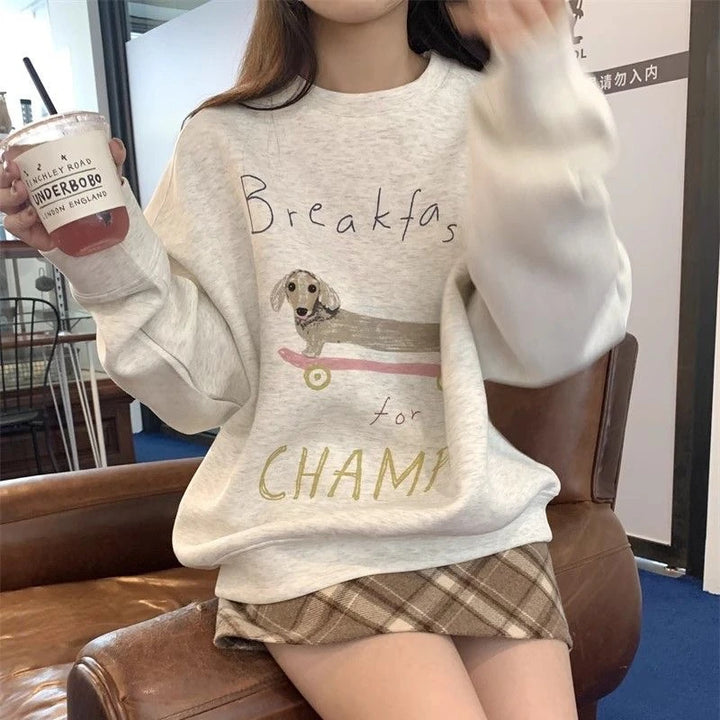 "Breakfast for CHAMPS" Sweater With Dog Print