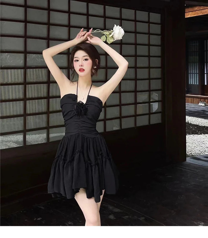 Gothic-Style Backless Short Dress With Bust Application