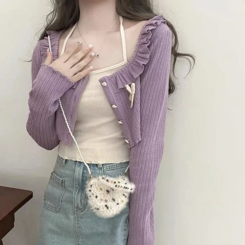 Cropped Cardigan With Square Neck And Heart Buttons