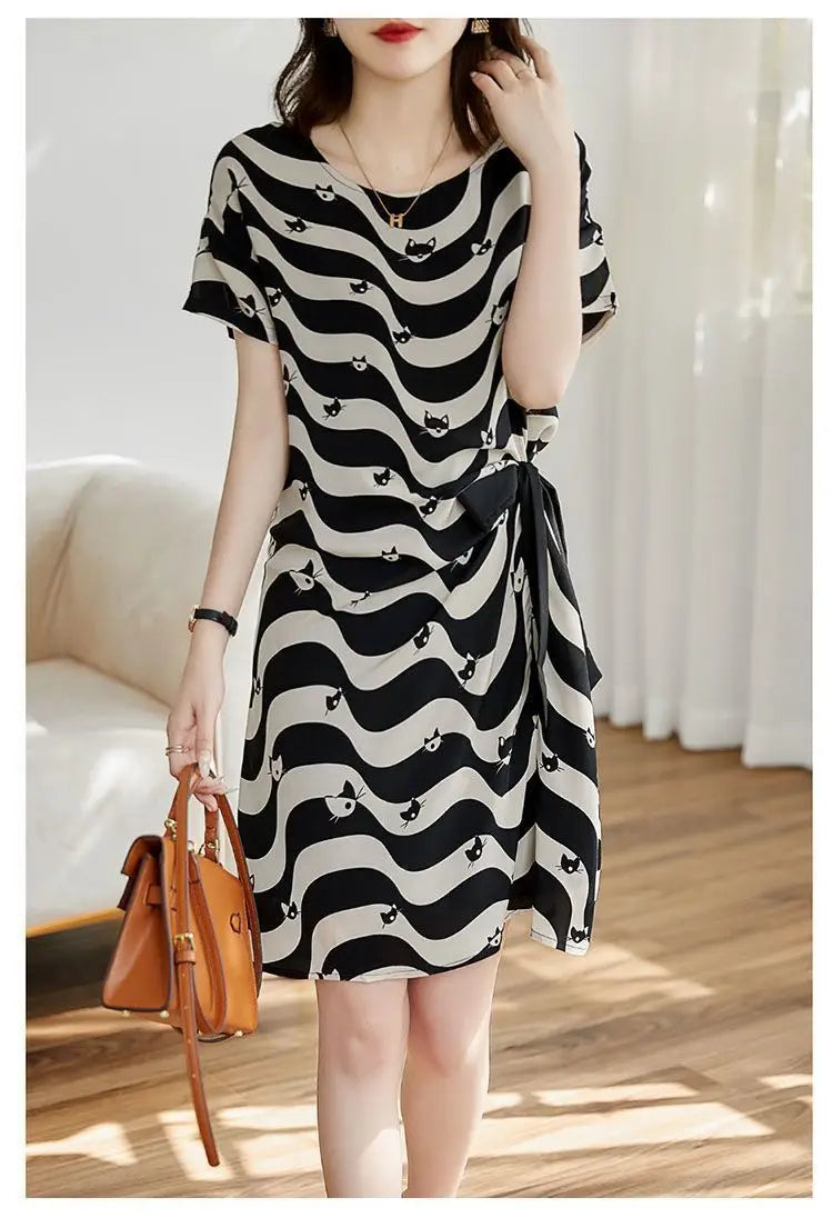 Striped Midi-Dress With Cats And Bow