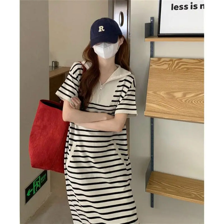 Striped Loose-Fitting Short Sleeve Midi Dress