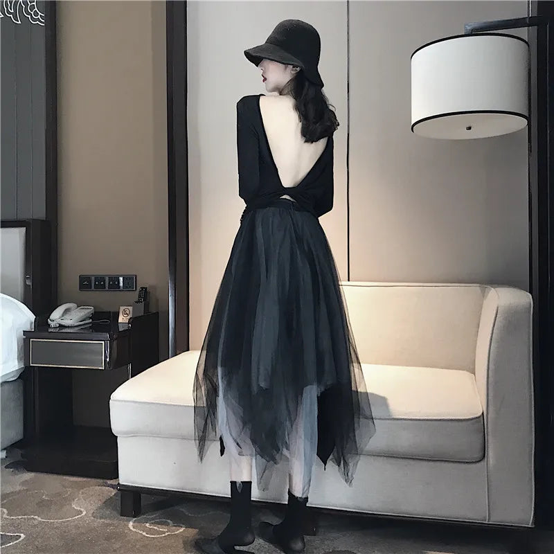Black Asymmetrical Mesh Skirt