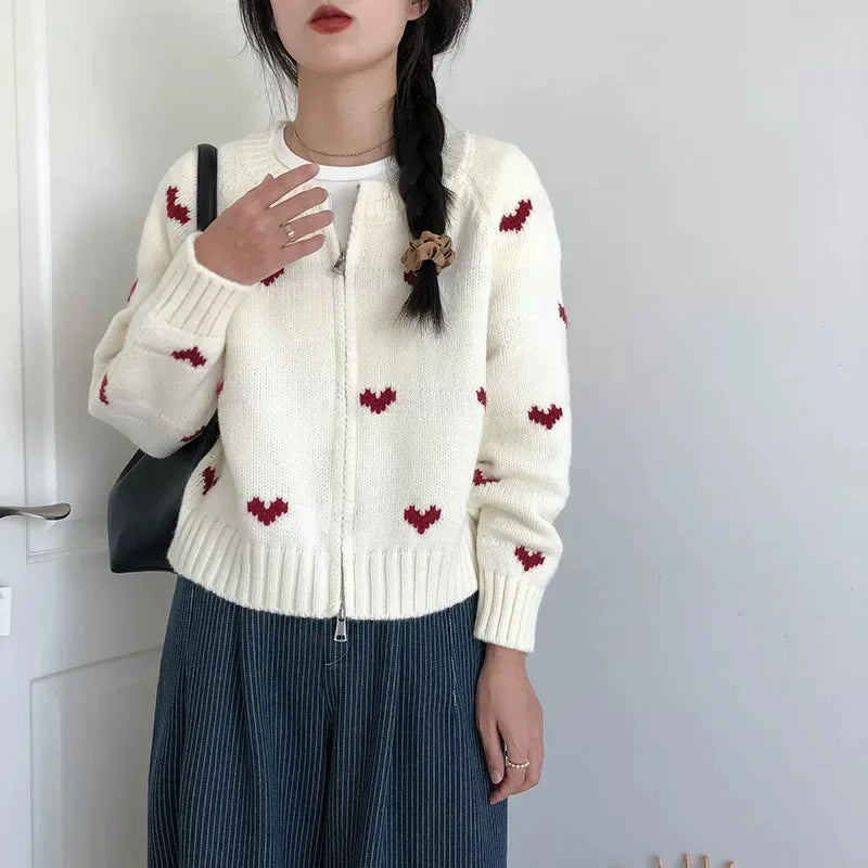 Knit Zip-Up Cardigan With Heart Pattern