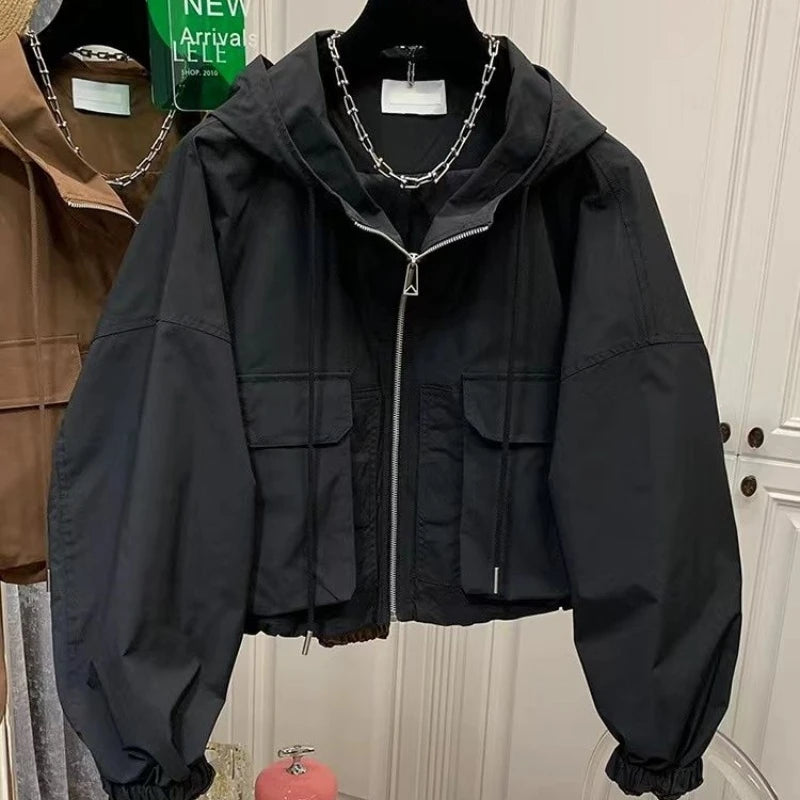 Windbreaker Cropped Jacket With Hood