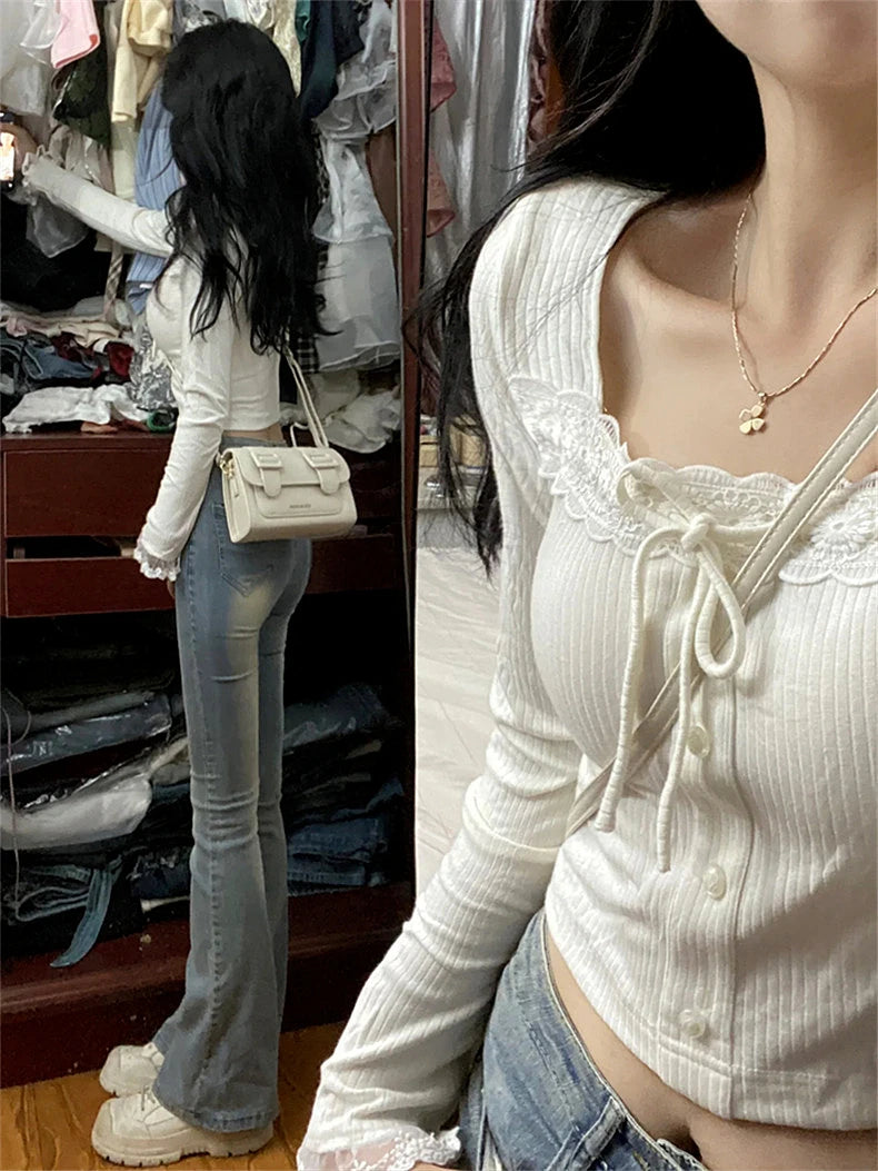 Adorable White Square Collar Blouse With Cute Applications