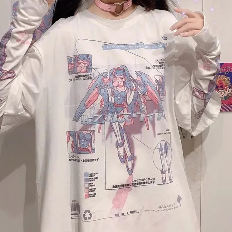 Long E-Girl Shirt With Split Sleeves And Anime Print