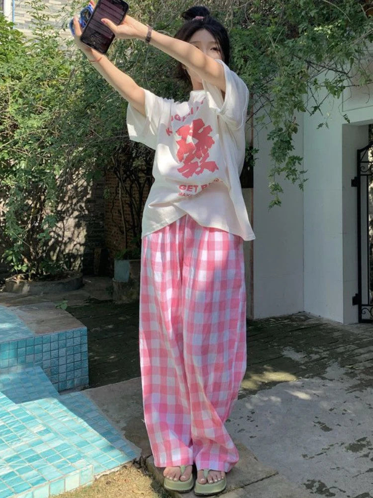 Two-Piece-Set: Cute Printed Loose-Fitting Shit & Pink-Checkered Pants