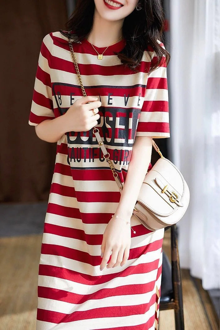 Striped Short-Sleeved Midi Dress