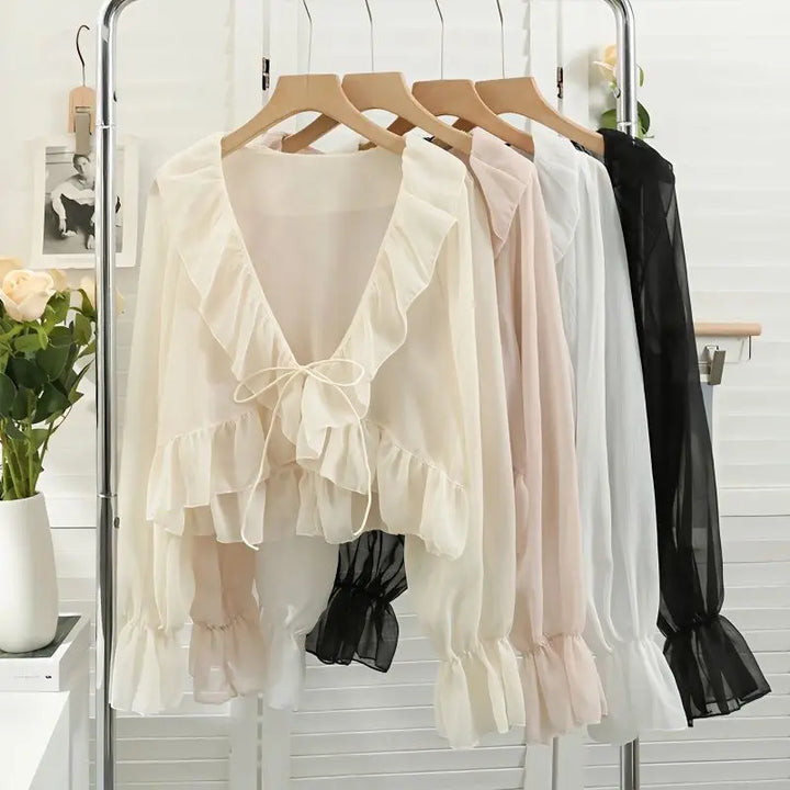 Sheer Ruffle Blouse With Flare Sleeves