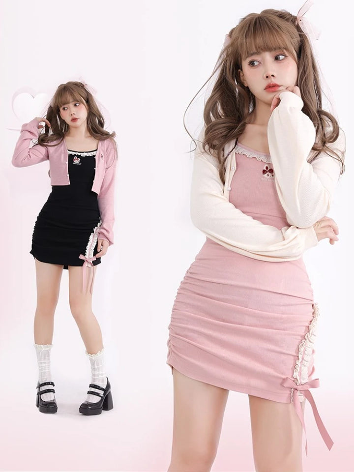 Kawaii Style Two Piece Set: Cute Cardigan + Ruched Lace Dress
